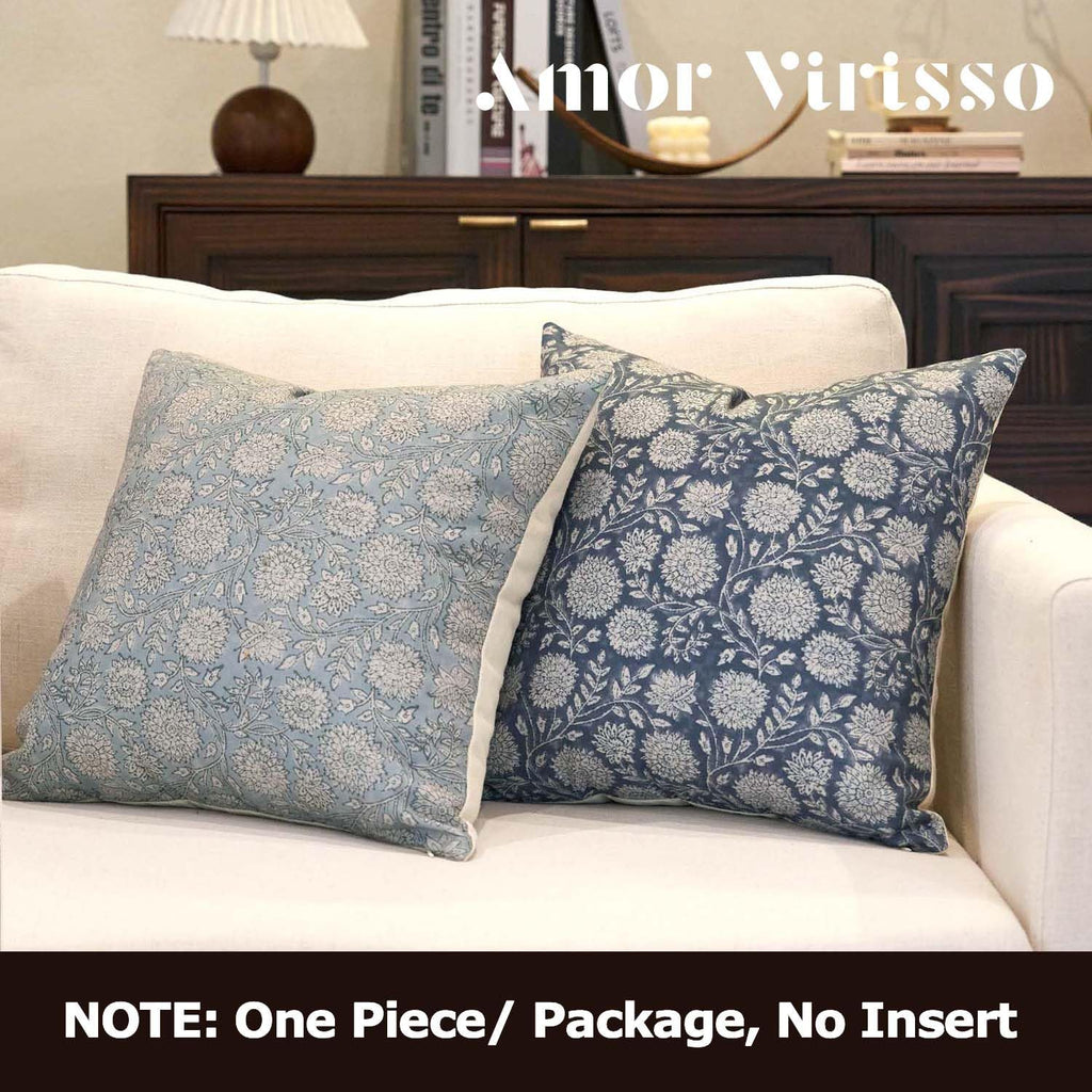Amor Virisso Floral Pillow Covers 18x18 Throw Pillow Covers Vintage Block Print Pillow Cover Neutral Couch Pillows for Living Room Farmhouse Decorative Accent Sofa Pillows, Dusty Blue