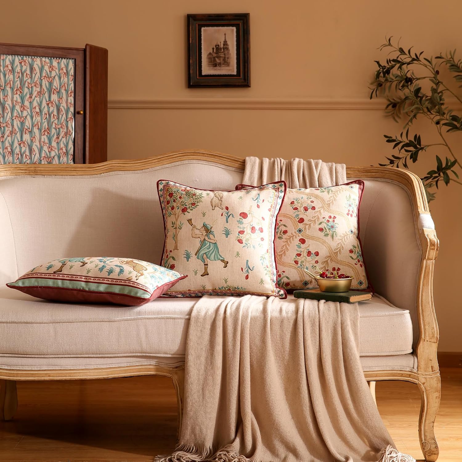 patdrea Designer Pack of 2 Square Throw Pillow Covers,Farmhouse Vintage Linen with Beige Ancient Idyll Pattern Pillows Cover,Decorative Pillowcases Cushion for Bed Living Room Outdoor Car,18"x18"