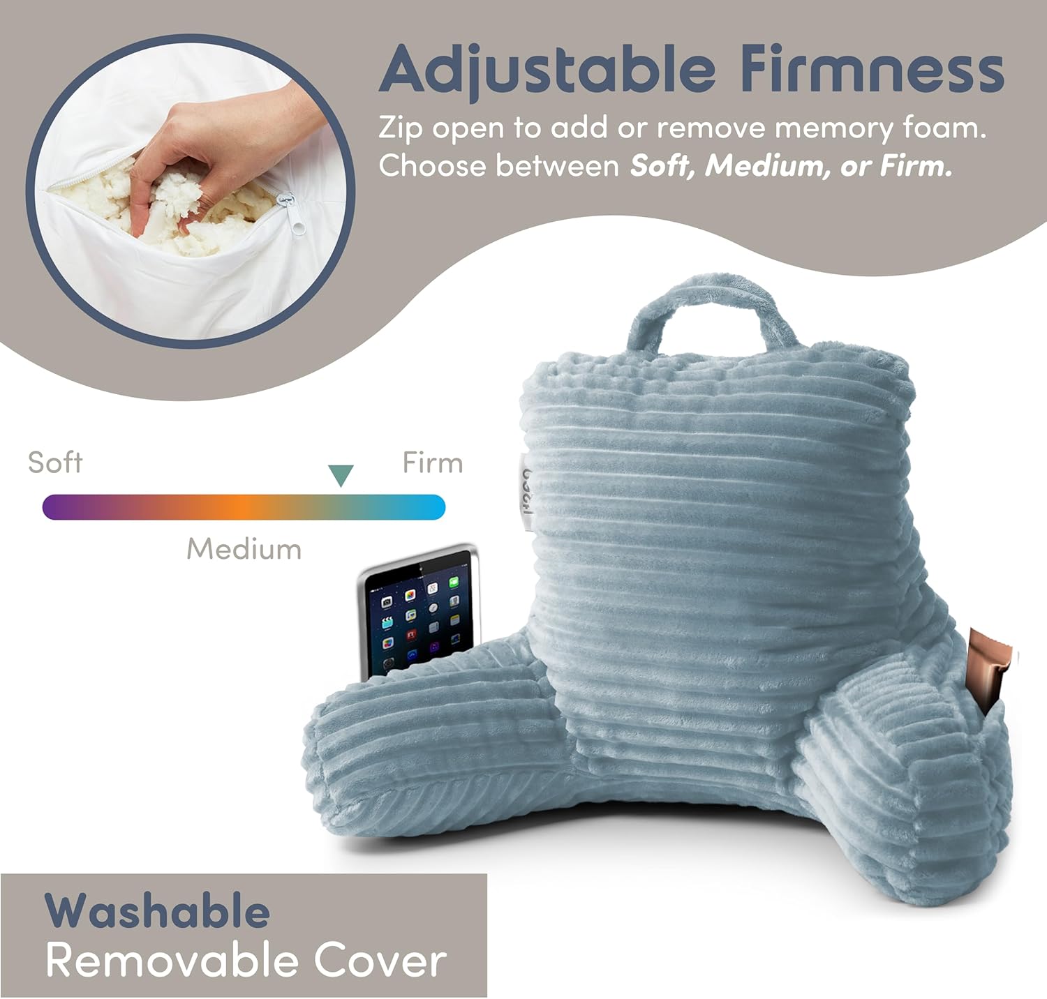 Nestl Reading Pillow for Kids & Teens with Shredded Memory Foam, Luxe Cut Plush Backrest Pillows for Reading and Gaming, For use on Couch, Bed, Floor, Adjustable Support with Washable Cover Stone Blue