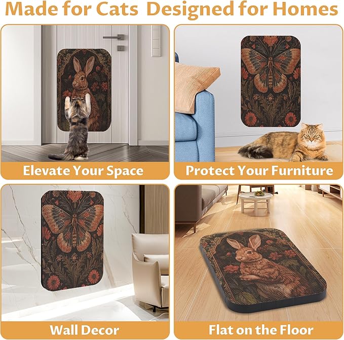 2 Pack Art Cat Scratcher, Wall-Mountable Cat Scratch Pad, Wall Cat Scratcher 16.7x11x1 Inch Cat Scratching Board for Indoor Cats Toy(Butterfly & Rabbit)
