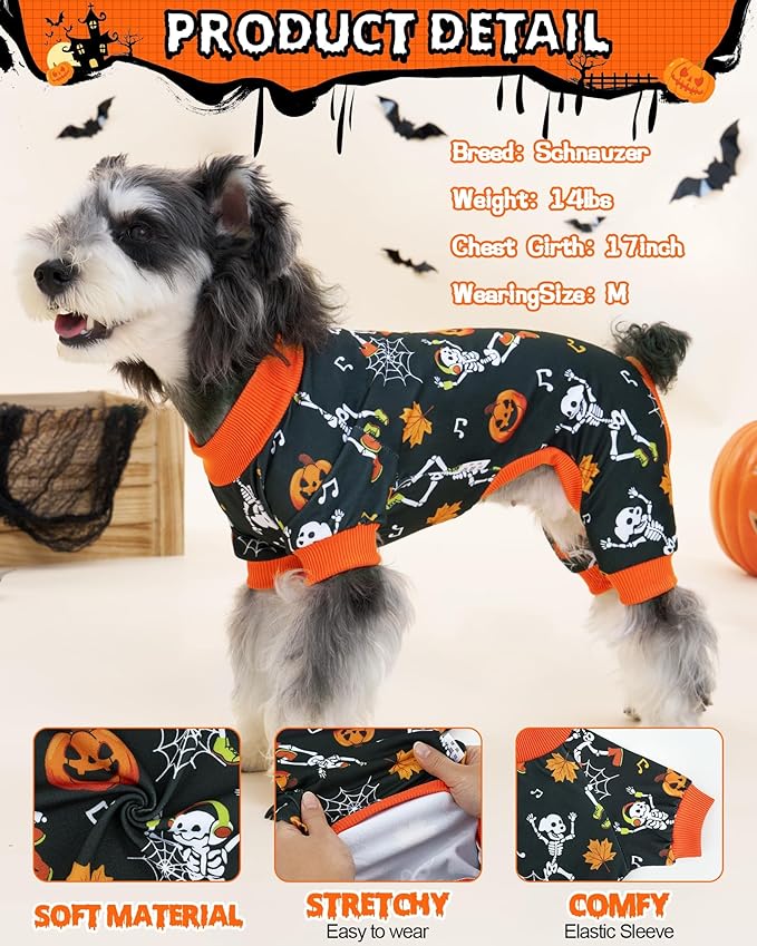 XPUDAC 4 Pack Halloween Dog Clothes Strechy Cute Puppy Pajamas for Small Medium Dogs Boy Girl Skeleton Ghost Pjs Bodysuit for Doggie Onesies, M