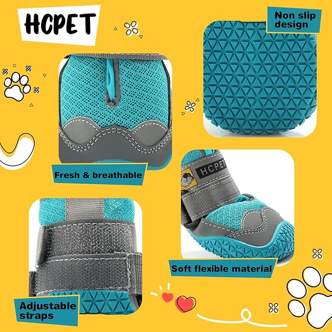 Hcpet Dog Shoes for Large Dogs, Breathable Dog Booties for Small Medium Dogs, Anti-Slip Dog Boots & Paw Protectors for Hot Pavement Winter Snow Hiking with Reflective Straps Blue Size 8