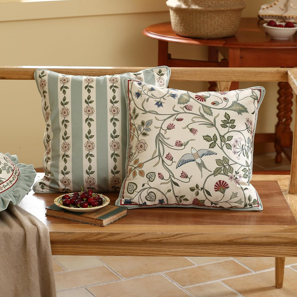 Square Throw Pillow Covers, Green Cozy Velvet Farmhouse with Birds and Flowers Pattern Pillowcases,Decoration Pillows Cushion Covers for Couch Sofa Bed Car Chair,18"x18"