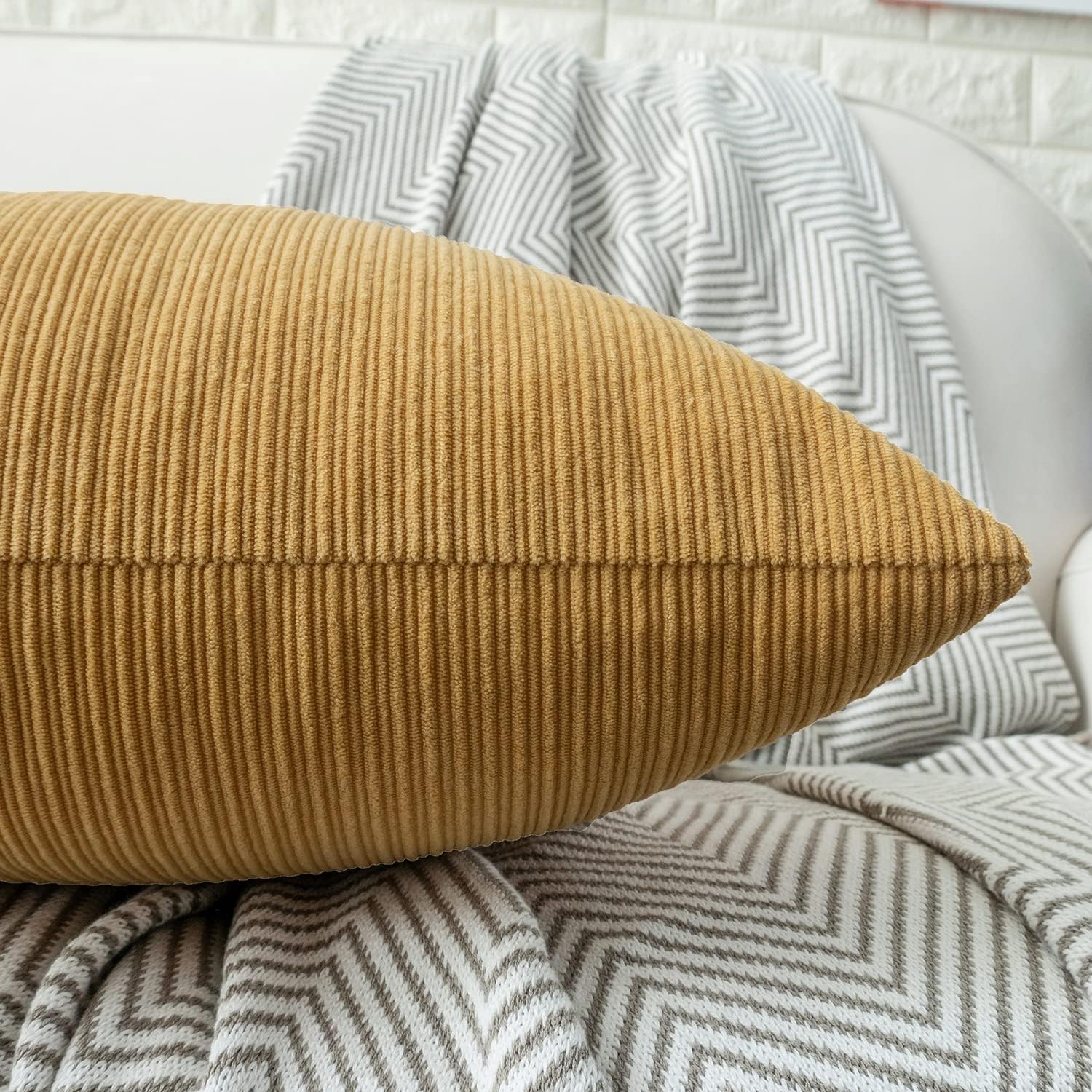 HWY 50 Mustard Yellow Chenille Throw Pillow Covers 12x20 Inch with Triple Buttons, Soft Farmhouse Accent Decorative Cushion Cases for Couch Sofa Living Room Pack of 2 Rectangle