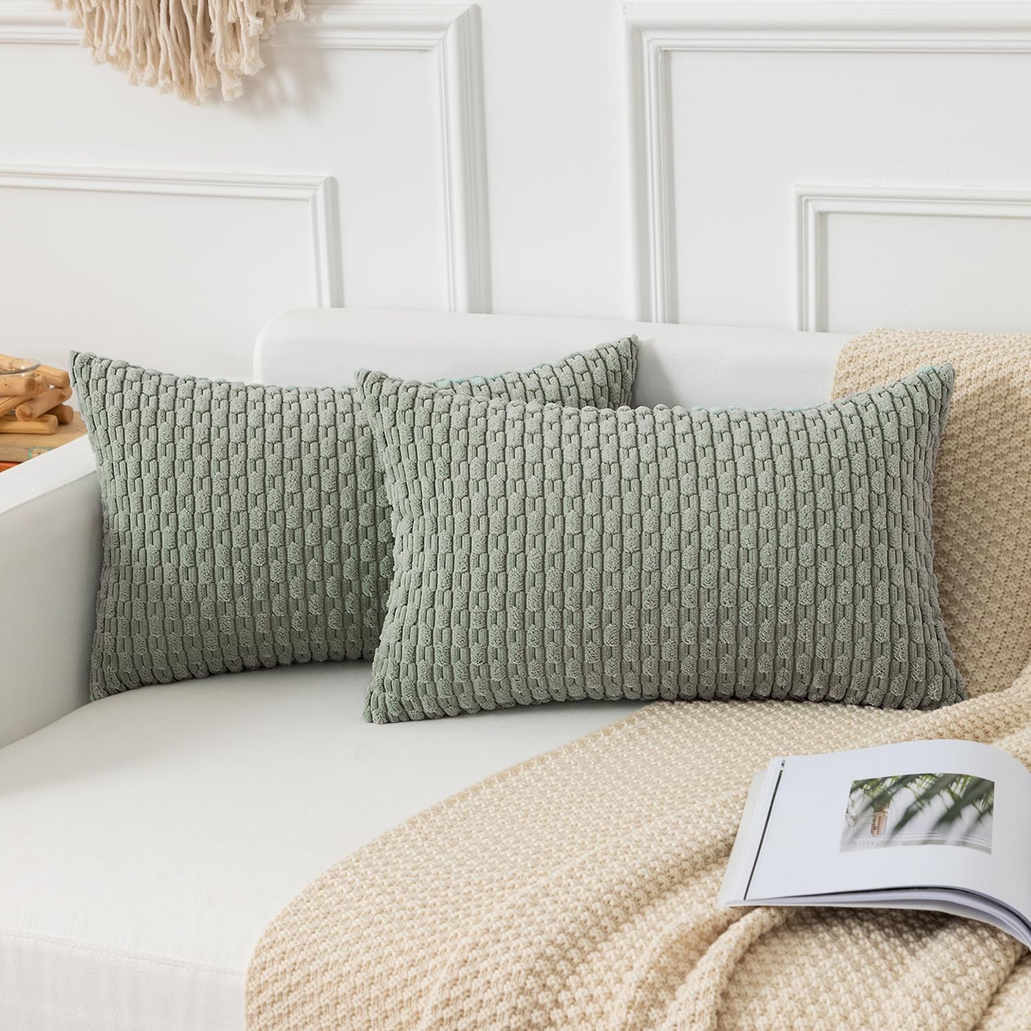 Kevin Textile 14x24 Inch Pillow Cover 1 Pack Boho Decorative Soft Striped Corduroy Lumbar Farmhouse Color Accent Rectangle Cushion Case for Living Room Couch Sofa Bed, Greyish Green