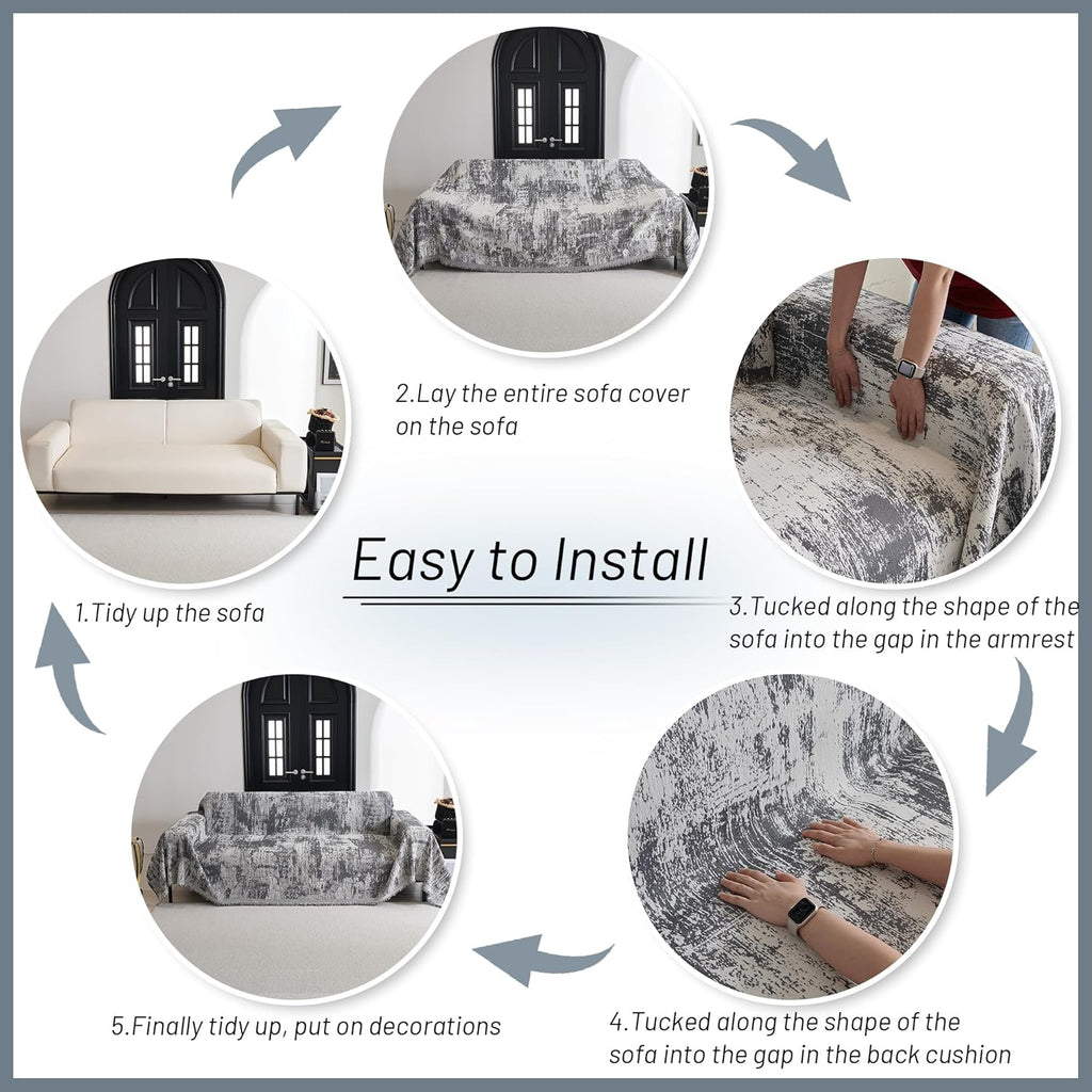 MYSKY HOME Boho Couch Cover for Dogs Washable Deep Grey Abstract Couch Sofa Protector for Loveseat Sofa Pets Friendly Chenille Geometric Sofa Covers Soft Durable Farmhouse Sofa Slipcovers, 71" X102"