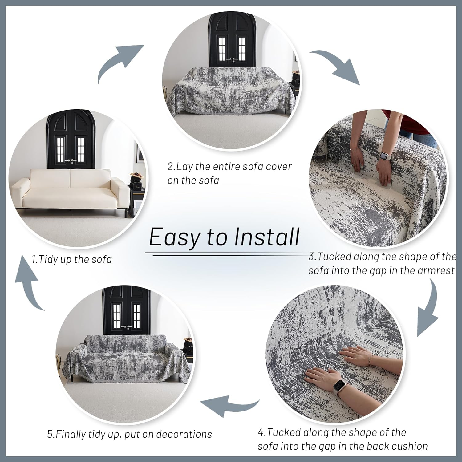 MYSKY HOME Sectional Couch Cover Deep Grey Abstract Geometric Sofa Covers for Sectional Sofa L Shape Chenille Couch Protector for Dogs Pets Couch Throw Cover Washable Durable for Home Decor, 91" X134"