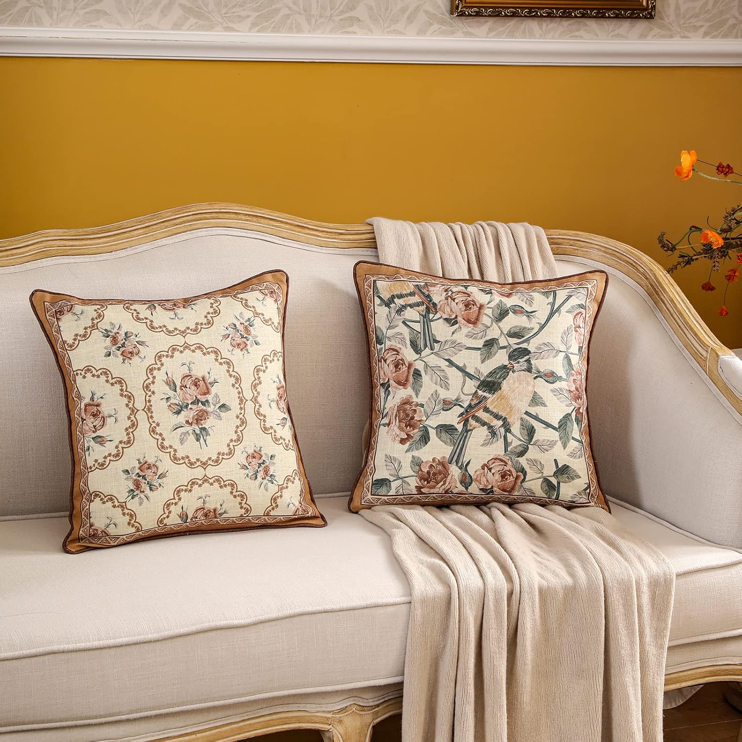 patdrea Designer Vintage Floral Throw Pillow Covers for Couch,Brown Yellow Linen Pillowcases with Bird and Rose Pattern, Decorative Square Cushion for Bed Living Room Outdoor Cafe Car,18"x18"