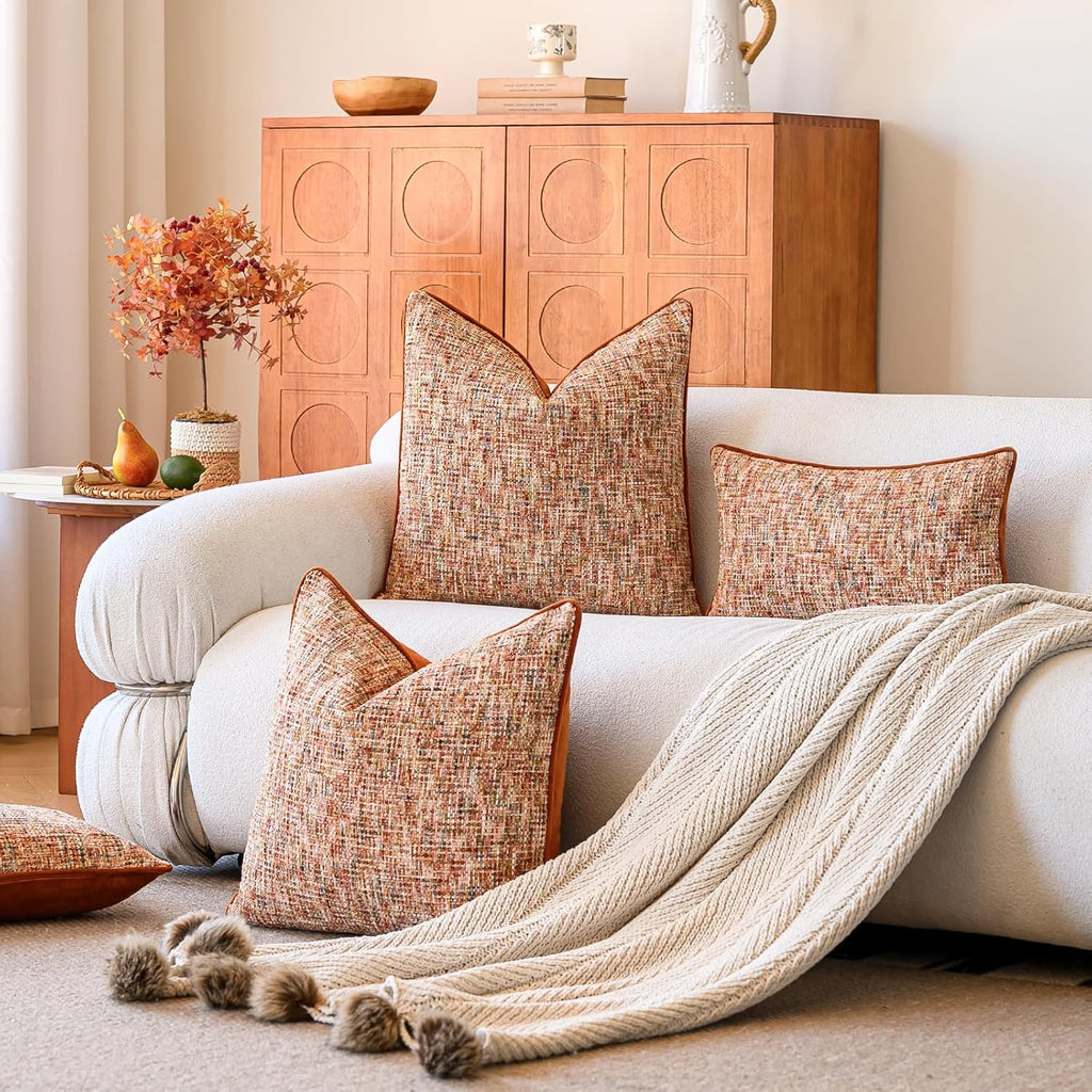 a moment Fall Rust Orange Reversible Pillow Covers 2 Pack - Farmhouse Chenille Throw Pillows, Neutral Textured Decorative Throw Pillow Covers with Border for Couch Sofa Bed (18x18 Inch, No Insert)