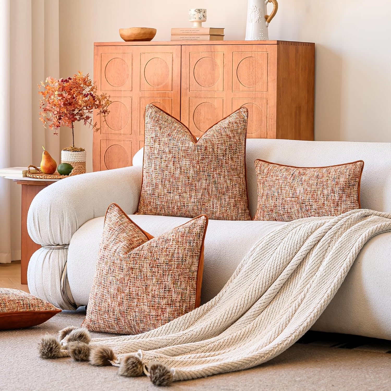 a moment Fall Rust Orange Reversible Pillow Covers 2 Pack - Farmhouse Chenille Throw Pillows, Neutral Textured Decorative Throw Pillow Covers with Border for Couch Sofa Bed (12x20 Inch, No Insert)