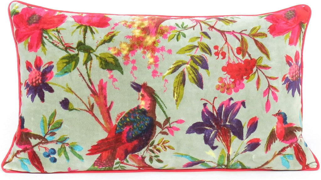 Eyes of India Colorful Velvet Floral Flower Bird Throw Sofa Cushion Couch Pillow Cover Case Boho Chic Decorative Bohemian Accent Indian Handmade (12 X 20 in. (30 X 50 cm), Green)