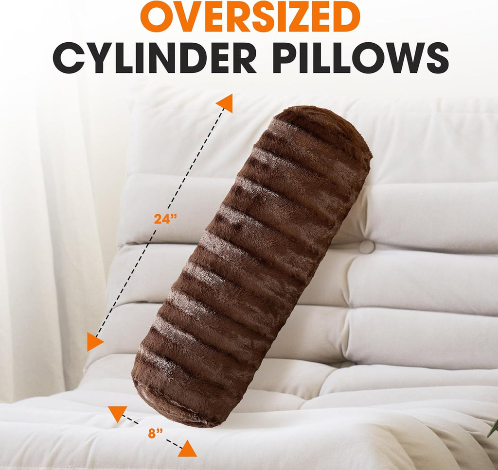 Cheer Collection Faux Fur Bolster Pillows – Soft Decorative Cylinder Pillows for Bed or Couch, Machine Washable – 8” x 24”, Set of 2, Choco