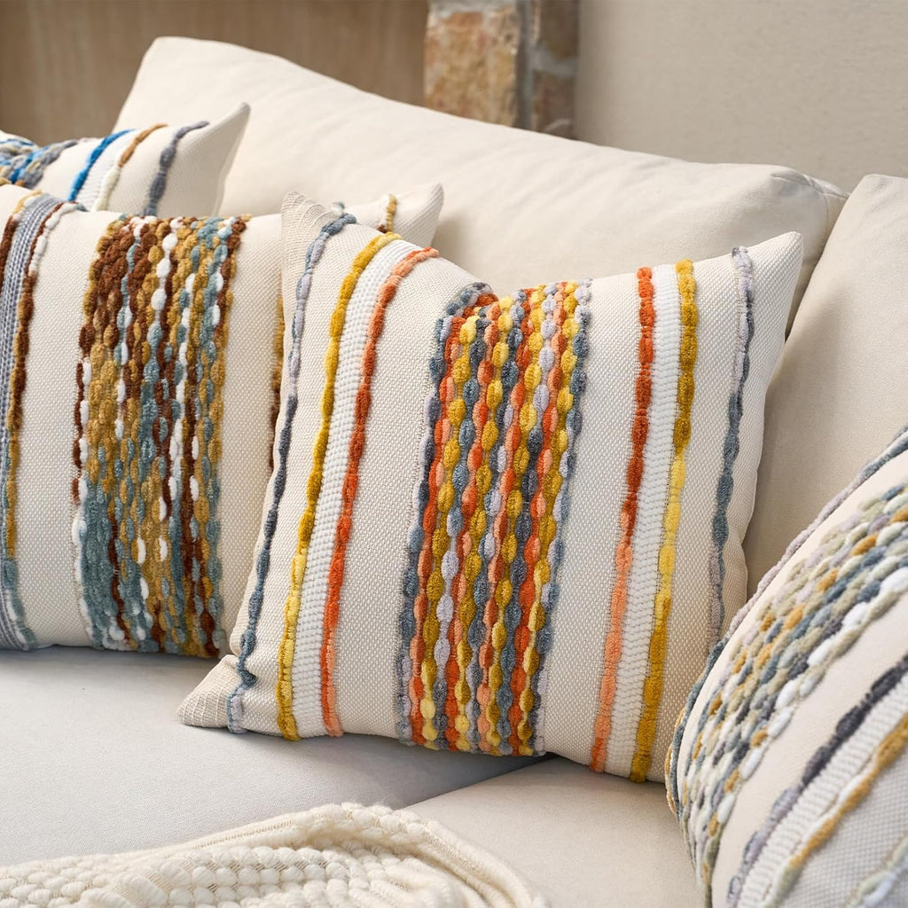 Aeckself Boho Pillow Covers 18x18 Inch Set of 2, Farmhouse Decorative Striped Square Chenille Tufted Accent Neutral Throw Pillow Covers for Living Room Couch Bed, Yellow Orange