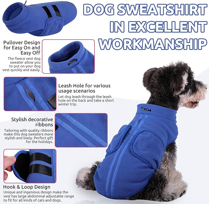 Queenmore Medium Dog Sweater, Soft Fleece Vest Pullover Dog Jacket with Leash Hole, Warm Winter Dog Clothes Cold Weather Doggy Dachshund Sweaters for Medium Dogs Cats Boy or Girl (Blue,M)
