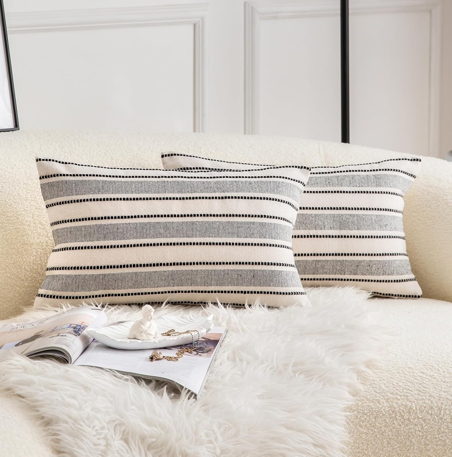 Decorative Boho Lumbar Throw Pillow Covers, Farmhouse Textured Pillow Case, 12 x 20 Inch Set of 2, Chair Sofa Bedroom Living Room Home Decor Couch Cushion Case, Black and Beige