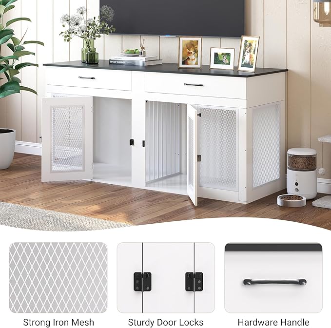 71 Inch Dog Crate Furniture for 2 Dogs，XXL Thick Wooden Double Kennel TV Stand w/Removable Divider - Heavy Duty Indoor Cage for Large Breeds (White & Black Top, 71L* 23.6W* 33.5" H)