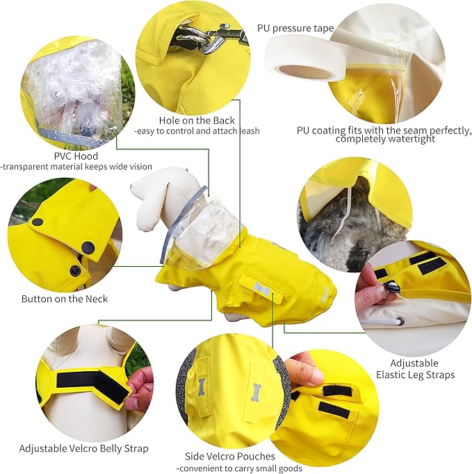 Waterproof Dog Raincoat, Adjustable Reflective Lightweight Pet Rain Clothes with Poncho Hood (X-Small, Yellow)