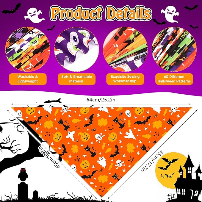 60Pcs Halloween Dog Bandanas Bulk Adjustable Dog Scarves Bibs Pumpkin Bat Ghost Puppy Bandanas Pet Neckerchief Washable Holiday Halloween Bandanas for Small Medium Large Dog Pet Grooming Accessories