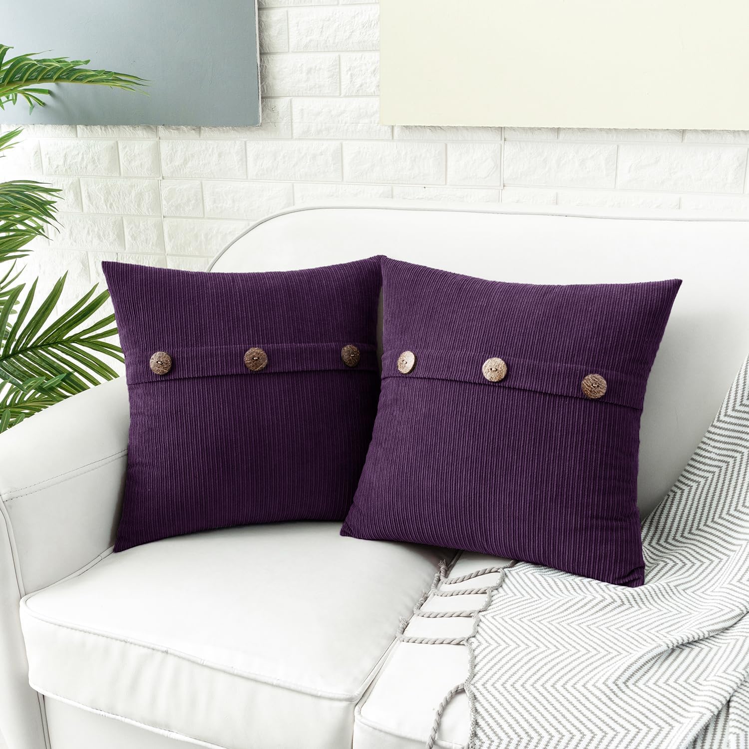 HWY 50 Purple Chenille Throw Pillow Covers 16x16 Inch with Triple Buttons, Soft Farmhouse Accent Decorative Cushion Cases for Couch Sofa Bed Bedroom Pack of 2