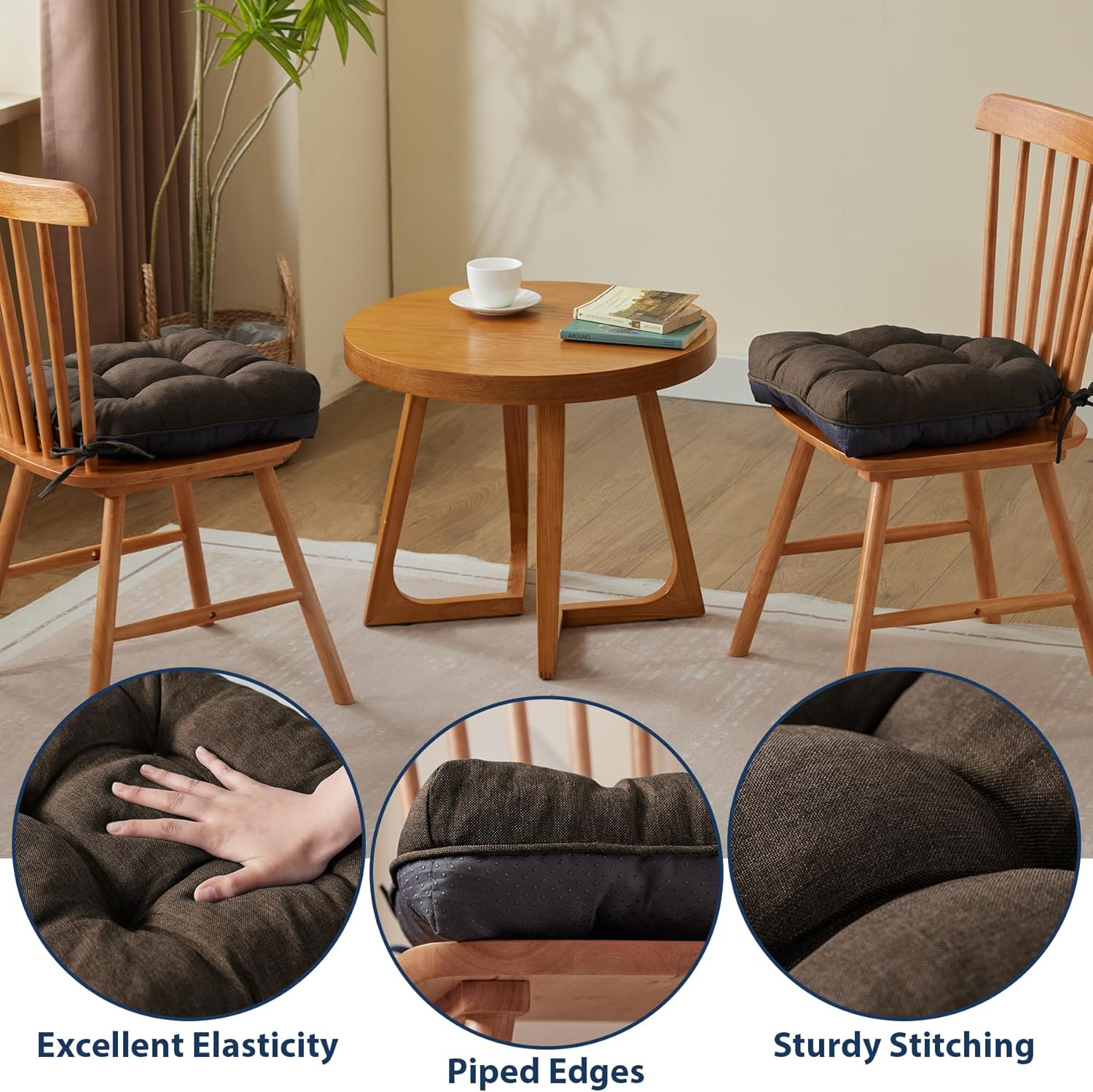 Chair Cushions for Dining Chairs, Seat Cushions for Kitchen Chairs, Indoor Seat Cushions with Ties, Tufted Foam Chair Pads, Non Slip Chair Cushions Set of 6, 15.5" x 15.5" x 4", Brown