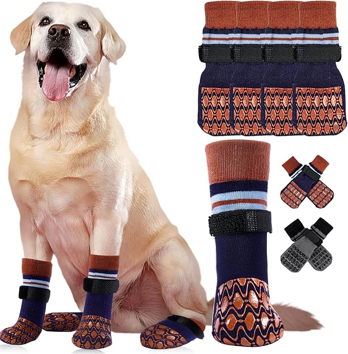 Kuoser Non Slip Dog Socks for Hardwood Floors, 4Pack Anti-Slip Dog Grippy Socks to Prevent Licking Paws, Dogs Booties Paw Protectors with Double-Sided Traction for Small Medium Large Senior Dogs, L