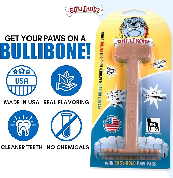 Bullibone Nylon Dog Chew Toy Nylon Bone - Improves Dental Hygiene, Easy to Grip Bottom, and Permeated with Flavor (Peanut Butter, Small - Single)