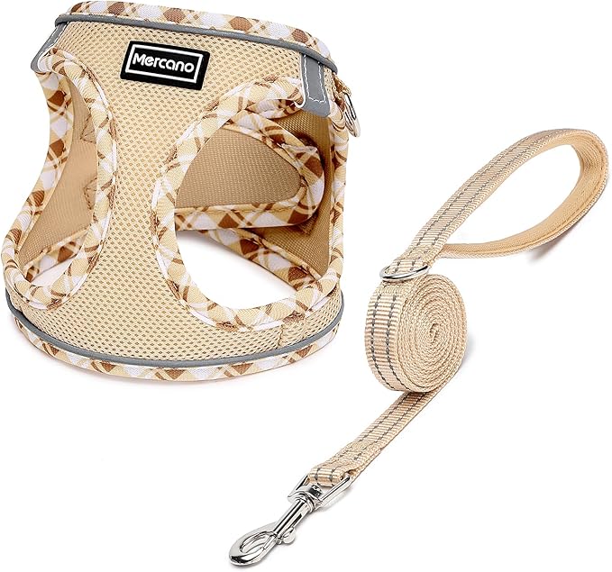Mercano Soft Mesh Dog Harness and Leash Set, No-Chock Step-in Reflective Breathable Lightweight Easy Walk Vest Harnesses with Safety Buckle for Small Dogs, Cats (Beige, XS)