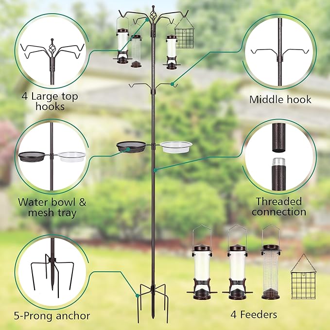 Bird Feeding Station Kit, 94 Inch Bird Feeder Pole Stand for Outdoors Hanging with 4 Feeders, Metal Suet and Bath Tray for Wild Birds Watching