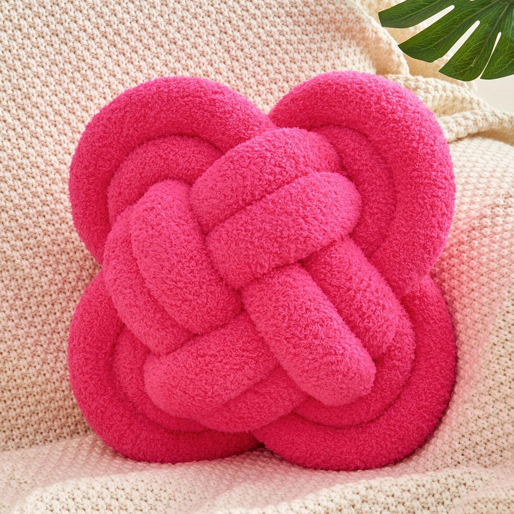 Xiashrk Knot Pillow Ball, 12" Soft Decorative Throw Pillows for Couch Bed, Rose Red Knotted Plush Throw Pillow Handmade Square Cushion Home Couch Decor Pillows for Living Room