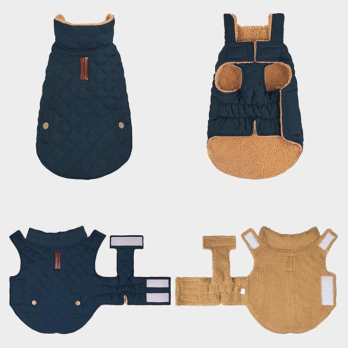 azuza Dog Jacket Waterproof & Windproof Dog Coat for Small Dogs with Thick Fleece, High Collar with Leash Hole, Adjustable Velcro & Elastic Belly, Navy M