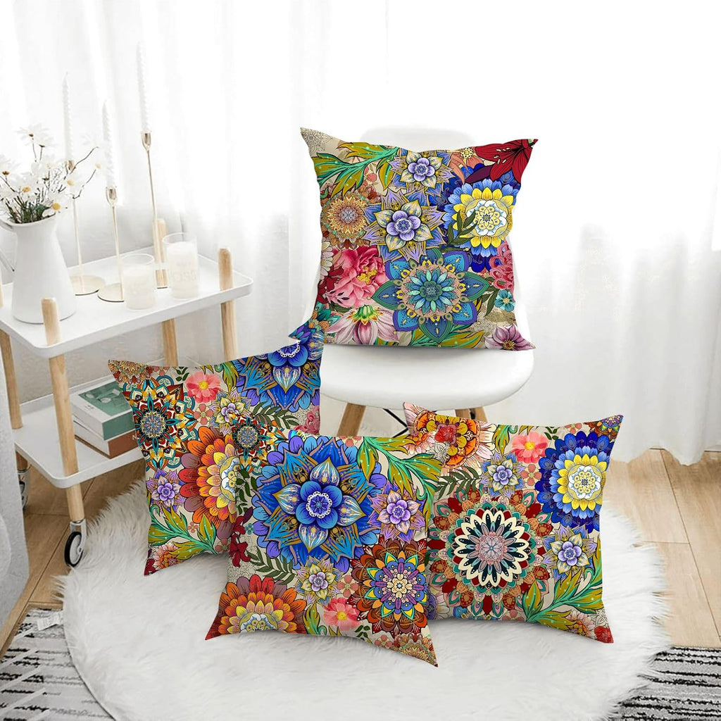 Boho Floral Throw Pillows Covers Colorful Flowers Decorative Pillow Cases for Sofa Couch Bedroom Living Room Decor Farmhouse Cushion Covers 18x18 Inches Set of 4