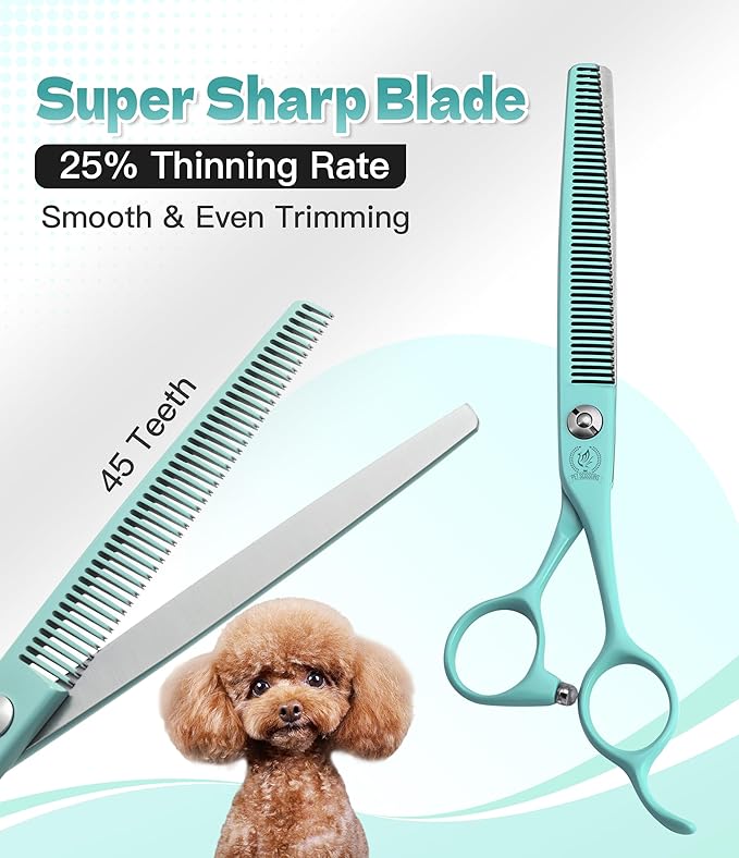 Fenice Peak 7" Professional Dog Grooming Scissors Set, Japanese 440C Stainless Steel Straight Thinning Curved Chunker Shears for Pet Grooming, Trimming Face, Paws, Green