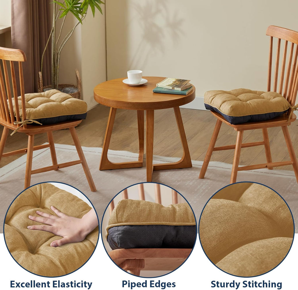 Chair Cushions for Dining Chairs, Seat Cushions for Kitchen Chairs, Indoor Seat Cushions with Ties, Tufted Foam Chair Pads, Non Slip Chair Cushions Set of 4, 15.5" x 15.5" x 4", Khaki