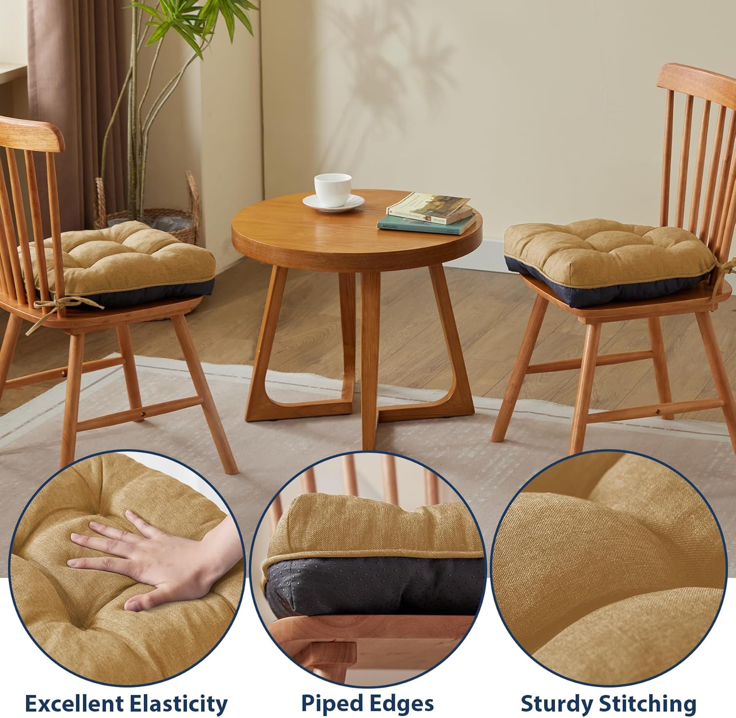 Chair Cushions for Dining Chairs, Seat Cushions for Kitchen Chairs, Indoor Seat Cushions with Ties, Tufted Foam Chair Pads, Non Slip Chair Cushions Set of 4, 15.5" x 15.5" x 4", Khaki