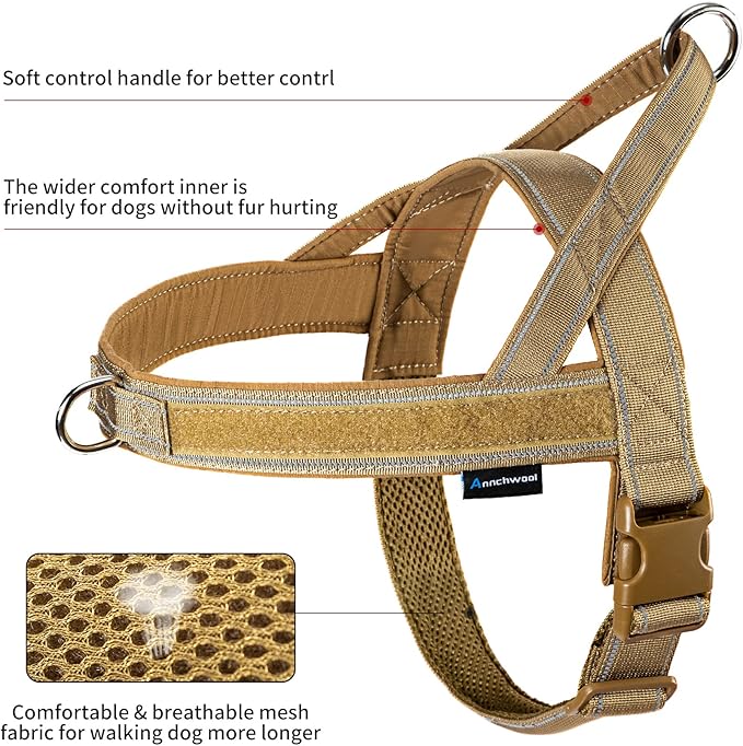 Annchwool No Pull Dog Harness with Padded Handle+5 Ft Leash,Reflective Strip Escape Proof and Quick Fit to Adjust Dog Harness,Easy for Training Walking for Small & Medium and Large Dogs(Brown-Set,XL)