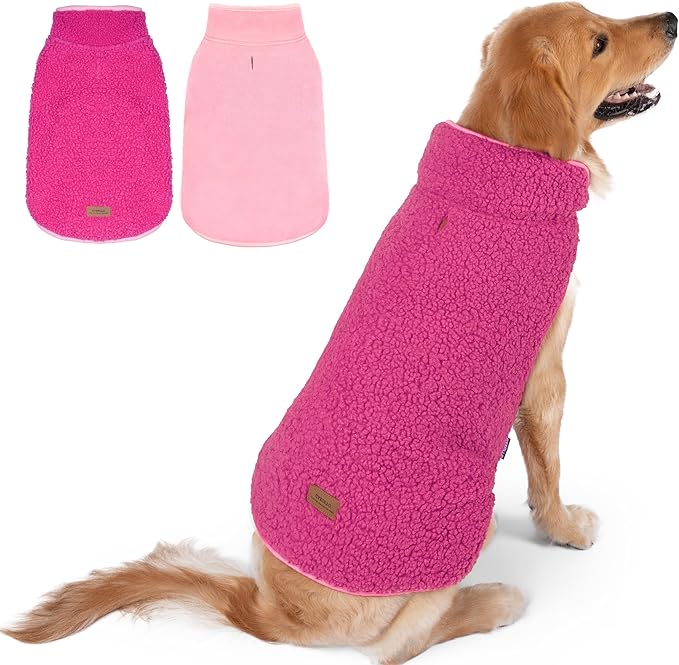 cyeollo 2XL Sherpa Dog Coat, Turtleneck Reversible Fleece Dog Vest Soft Doggy Sweater Thick Doggy Clothes for Cold Weather Winter Jacket Warm Dogs Coats for Medium Large Dogs, Fuchsia XXL