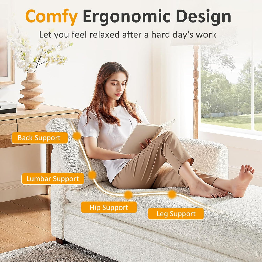 VANOMi Oversized 70.47'' Chaise Lounge Chair Indoor with Storage Space, Modern Upholstered Sofa Bed with Thick Cushion and Left Armrest, Boucle Leisure Recliner for Living Room, Bedroom, Office, White