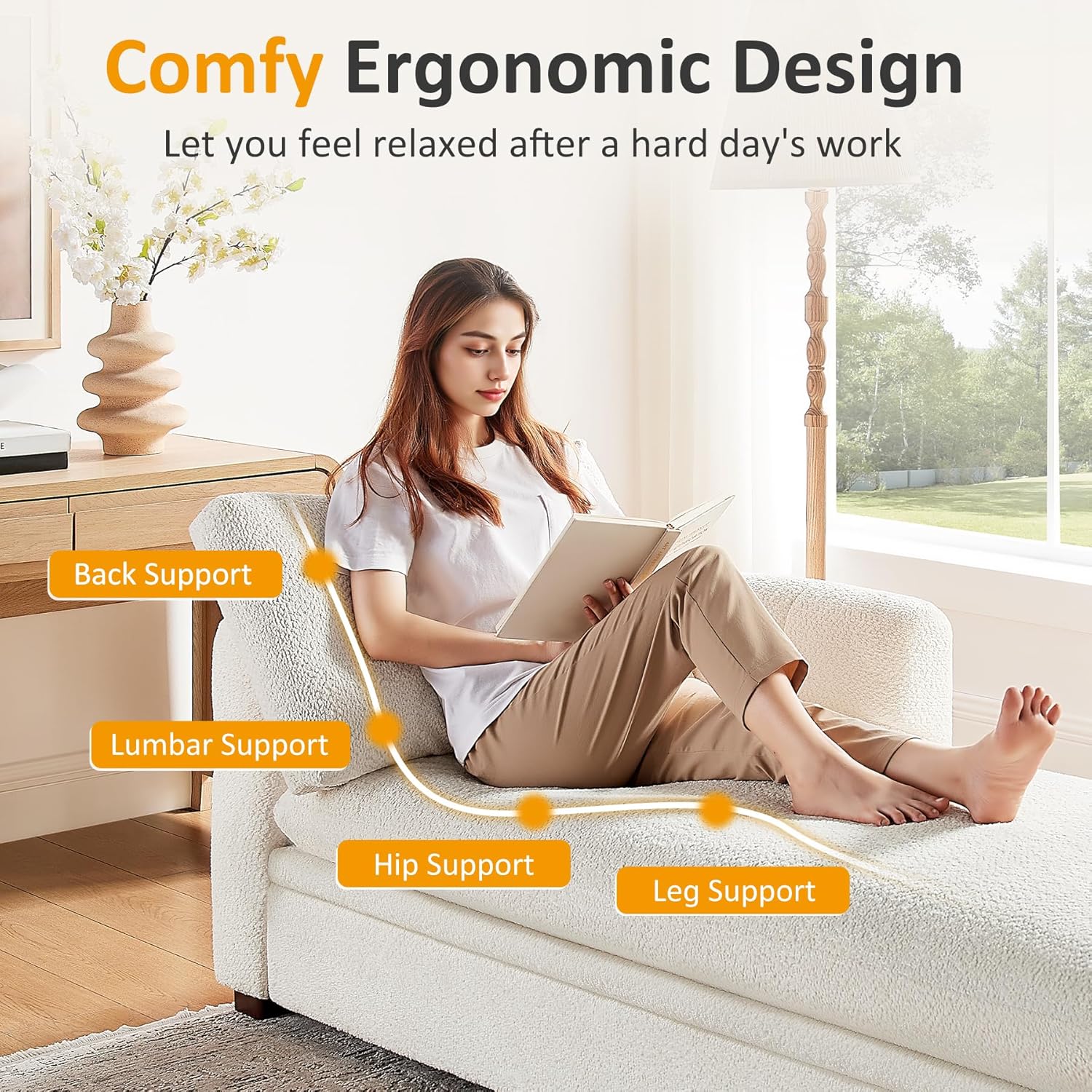 VANOMi Oversized 70.47'' Chaise Lounge Chair Indoor with Storage Space, Modern Upholstered Sofa Bed with Thick Cushion and Left Armrest, Boucle Leisure Recliner for Living Room, Bedroom, Office, White