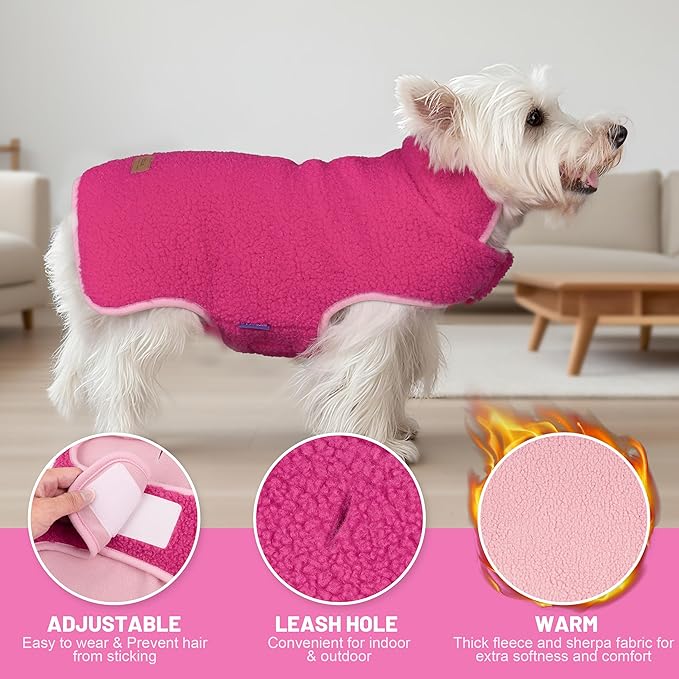 cyeollo Warm Dog Coat Sherpa Dog Winter Coat, Reversible Fleece Dogs Jackets Sweater Vest for Small Dogs Male with Leash Hole, Soft Cold Weather Pet Clothes, Fuchsia L