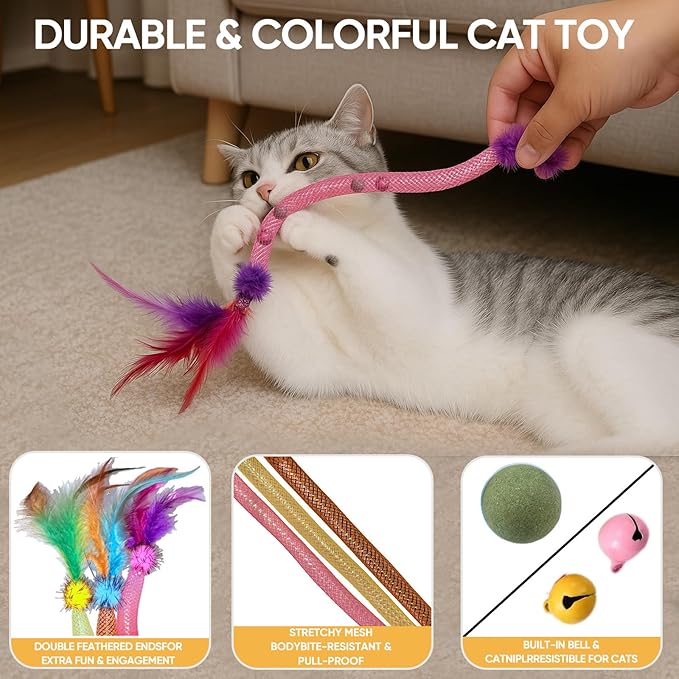 Cat Toys for Indoor Cats with Catnip – 3 Pack Feather Elastic Mesh Chew with Pom-Pom Cat Toys, 19.5 Inch Durable Kitten Teething Cat Toy Bundle with Bells