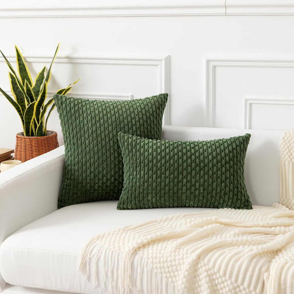 Kevin Textile 12x24 Inch Pillow Cover 1 Pack Boho Decorative Soft Striped Corduroy Lumbar Farmhouse Solid Color Accent Rectangle Cushion Case for Living Room Couch Sofa Bed, Moss Green