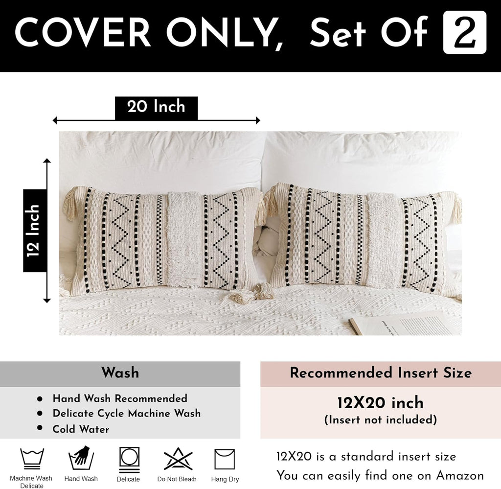 BlissBlush Decorative Lumbar Throw Pillow Cover 12x20 Combo Set of 2 Rectangular Boho Accent Pillowcase Black Neutral Farmhouse Cushion for Couch Sofa Bedroom Living Home Décor Cover ONLY