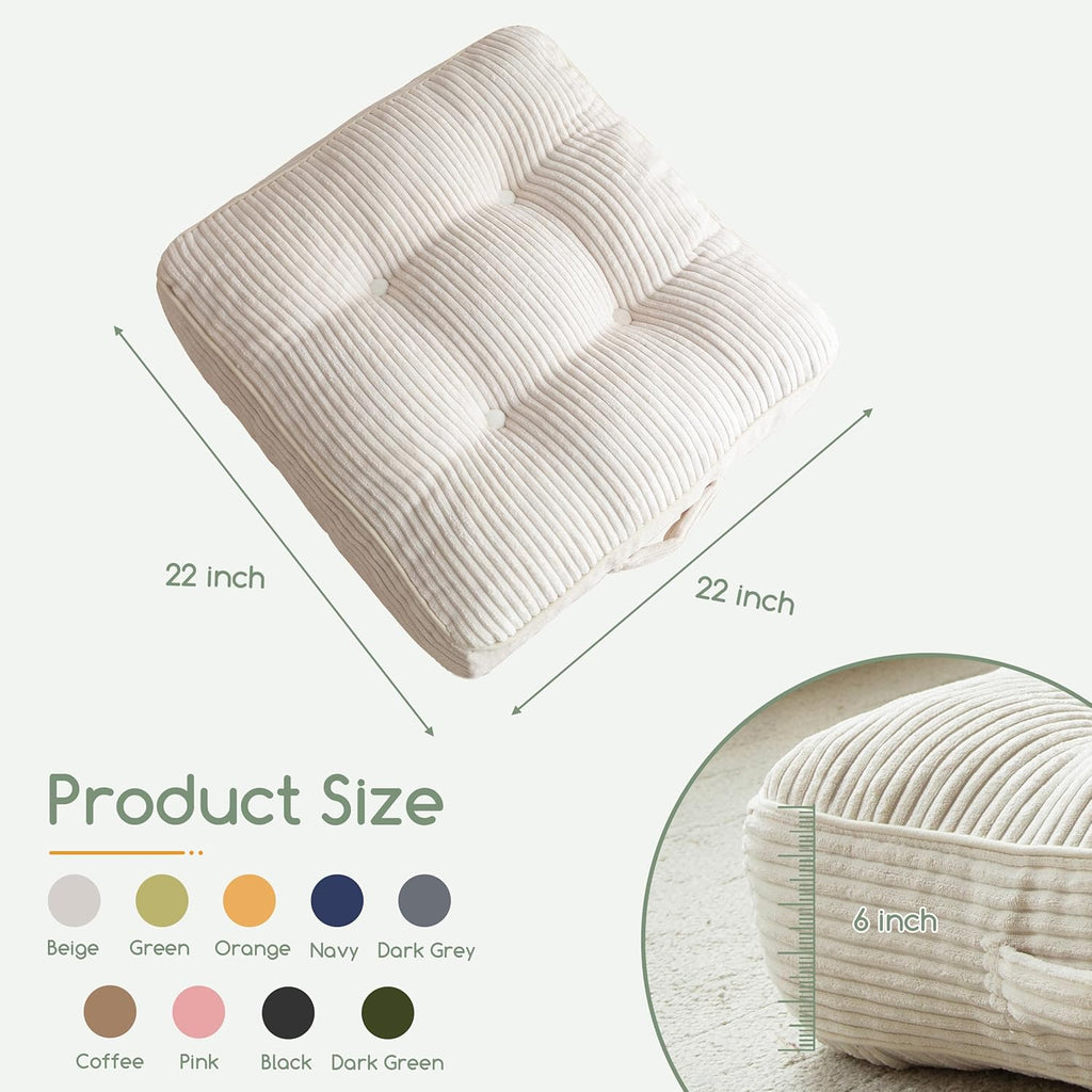 6" Washable Floor Pillow Cushion for Adults, Meditation Cushion Pillow, Large Square Floor Sitting, Removable Tufted Corduroy Cover, for Tatami Living Room or Yoga, 22x22 Inch, Machine Washable