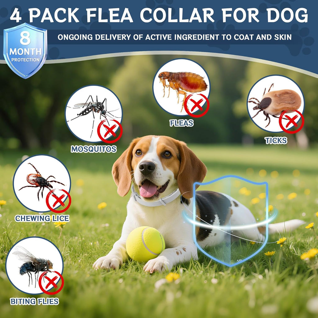 4 Pack Flea & Tick Prevention for Dogs Collar with Natural Essential Oils, Waterproof Adjustable Dog Flea and Tick Prevention Collar for Dogs, 8 Months Prevention