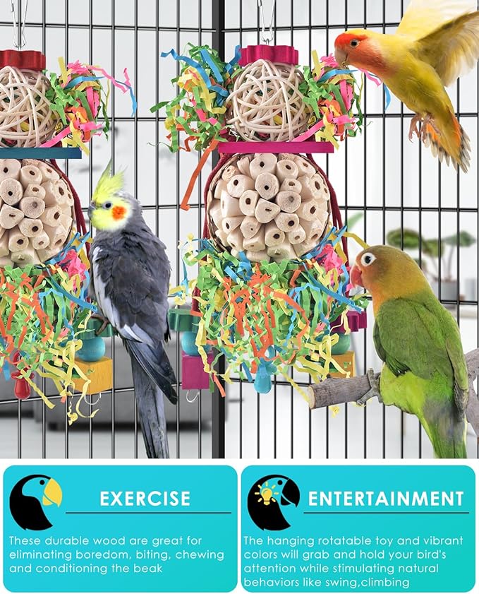Bissap 2PCS Bird Parrot Foraging Shredder Hanging Toys Sola Balls Sepak Takraw with Pacifier for Small Parrots Parakeets Conures Cockatiels Love Birds Cage Toy