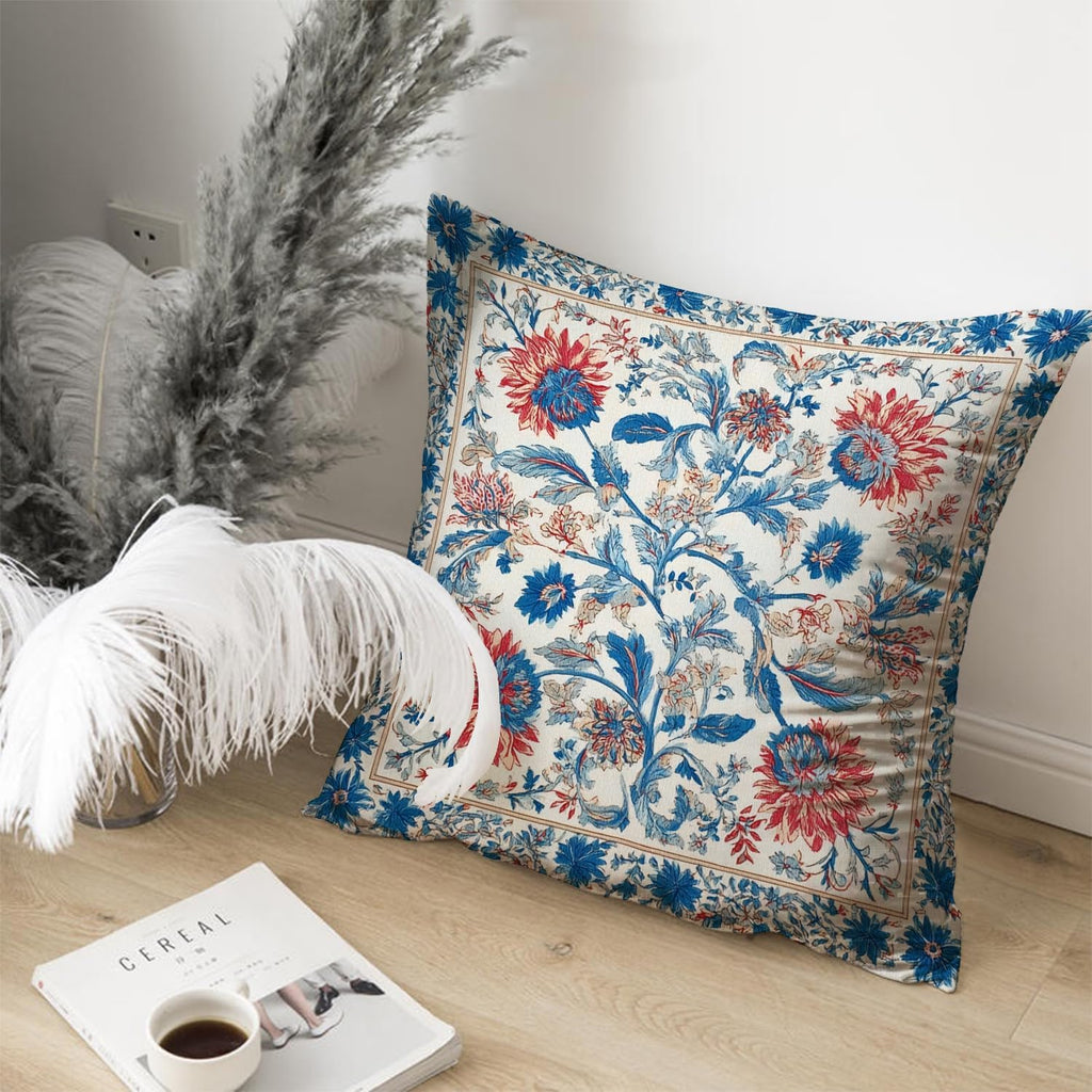 Bohemian Pillow Covers | Vintage Floral & Carpet Design | Double Sided Blue White Decorative Pillowcases for Couch, Bed | Indoor Outdoor Boho Home Decor (Blue&Red, 18x18inches)