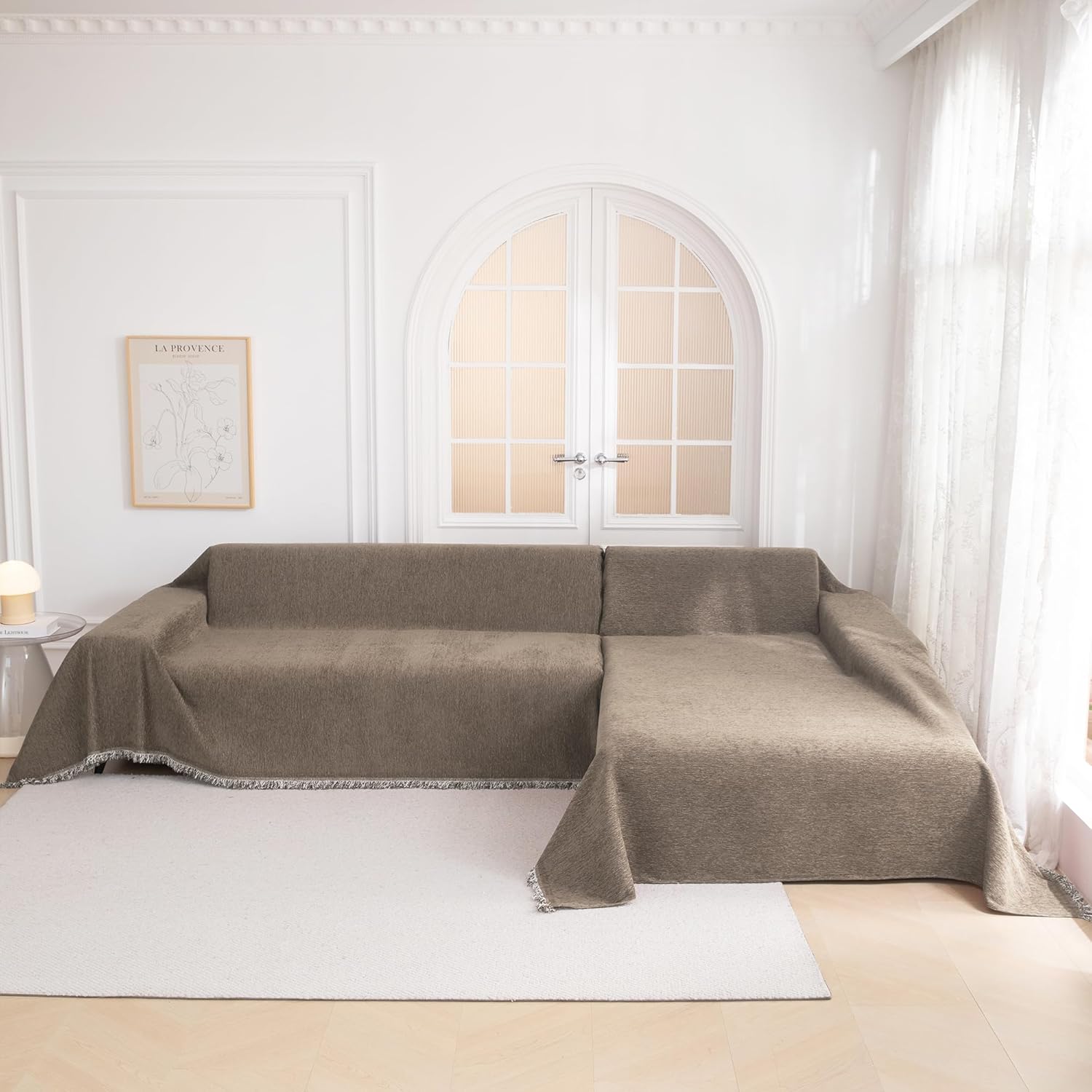 MYSKY HOME Couch Cover for Dogs, Washable Couch Covers, Non Slip Couch Sofa Cover, Couch Cover 2 Cushion Sofa Dogs Furniture Protector with Tassels Chenille Sofa Covers for Pets, 71"x118", Sand