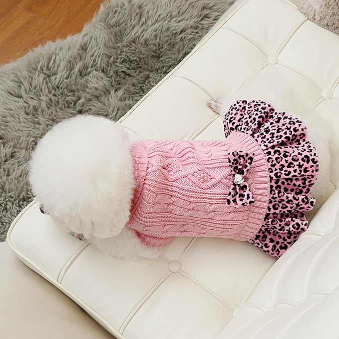 WOYYHO Girl Dog Sweater Dress with Bowtie Turtleneck Small Dogs Sweater with Leash Hole, Knitted Small Dog Sweaters Dress Puppy Winter Clothes for Yorkies Chihuahua (Medium, Pink Leopard)