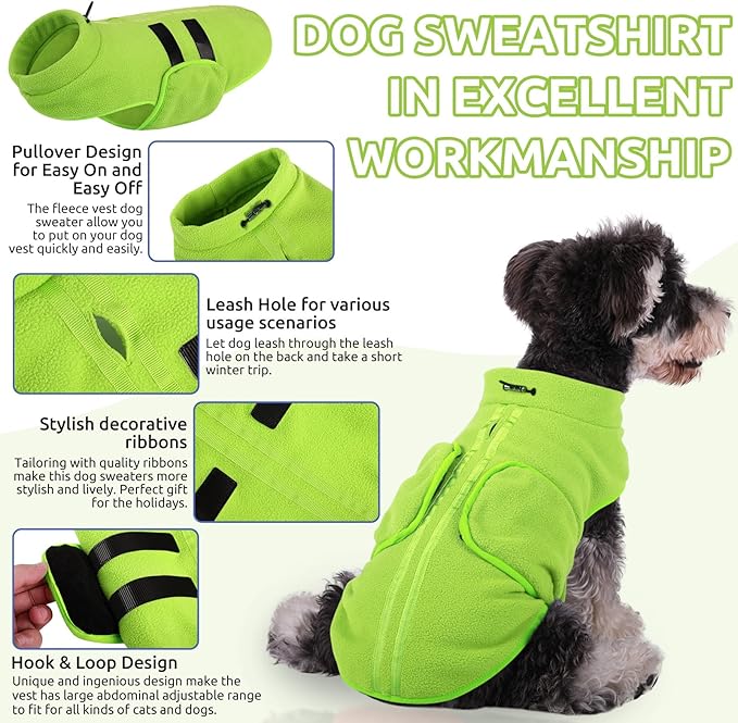 Queenmore Large Dog Sweater, Soft Fleece Vest Pullover Jacket With Leash Hole, Warm Winter Clothes for Cold Weather, Dachshund Sweater for Large Dogs Cats Boy or Girl (Green, L)