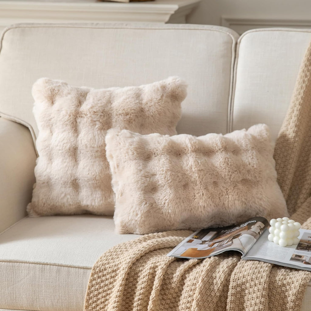 Pack of 2 Thick Plush Throw Pillow Covers Fluffy Wave Faux Fur Decorative Cushion Covers Soft Wool Pillowcase for Sofa Couch Livingroom 12x20 Inch Beige